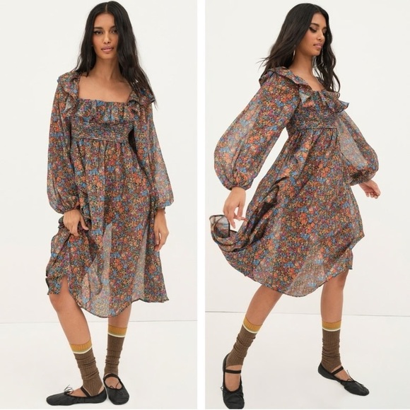 For Love & Lemons Brittany Floral Print Long Sleeve Midi Dress - Picture 3 of 12